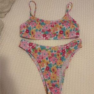 SHEIN Pink Multicolor Smocked Bikini Set